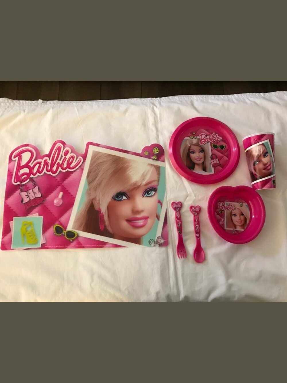 Barbie Dinner Lunch 6pc Pink Plastic Set Cup Plate Bowl Fork Spoon 3D Placemat